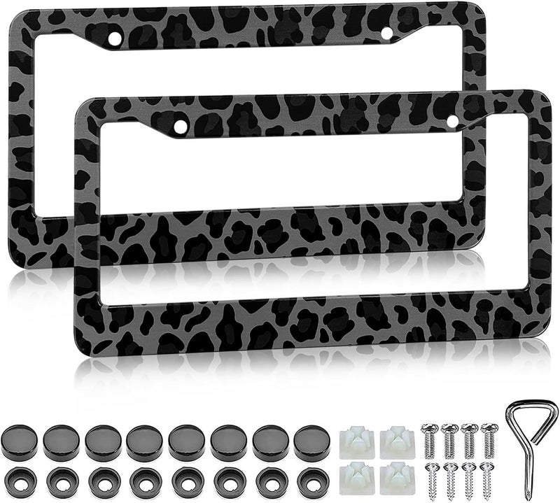 LIN KANG Black Leopard Print License Plate Frame - 2 Pack Animal Leopard Cheetah Print Tags Frames Holder, Car Decorative Tag Frames with Screws Fasteners Caps - Image 1